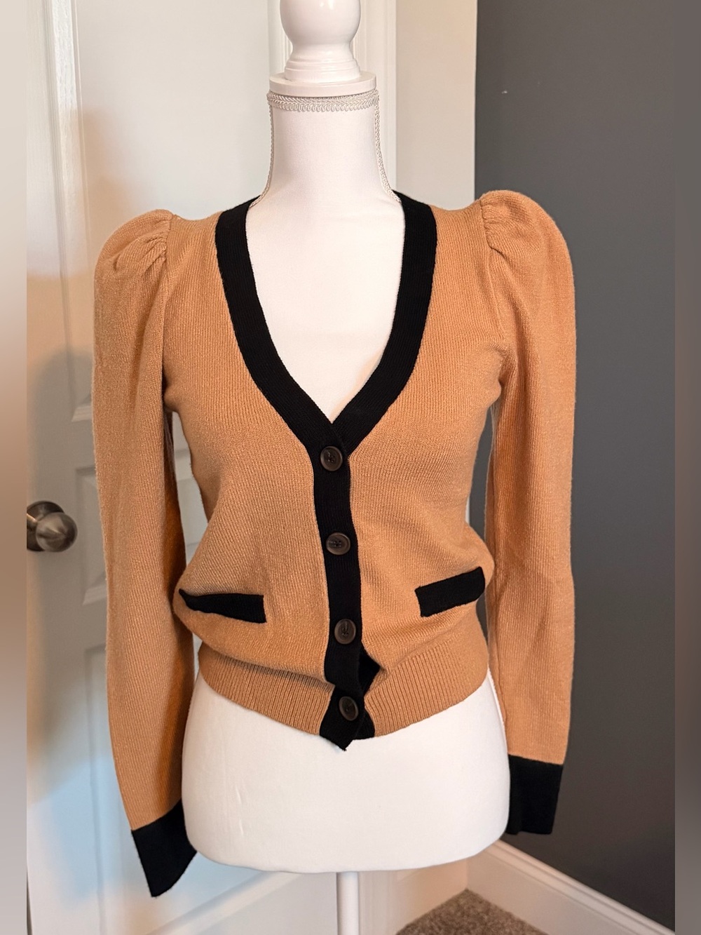 NWOT - Express Camel Cardigan with Black Trim and Buttons